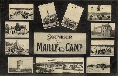 Ak Mailly le Camp Aube, Ortsansichten, Flugzeug, Militärlager