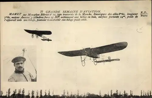 Ak Grande Semaine d'Aviation, Aviateur Mamet sur Monoplan Bleriot No. II