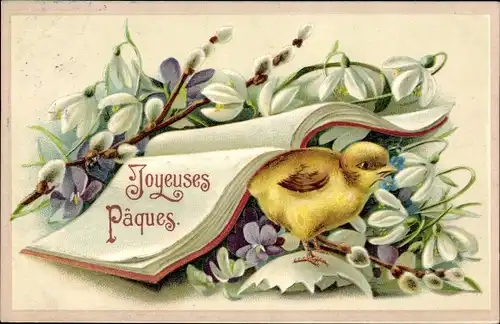 Ak Glückwunsch Ostern, Küken, Buch und Blumenstrauß