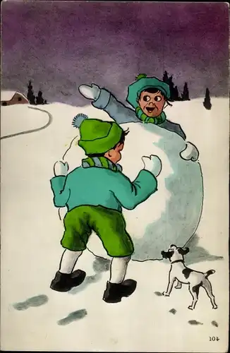 Ak Glückwunsch Neujahr, Kinder mit riesiger Schneekugel, Hund