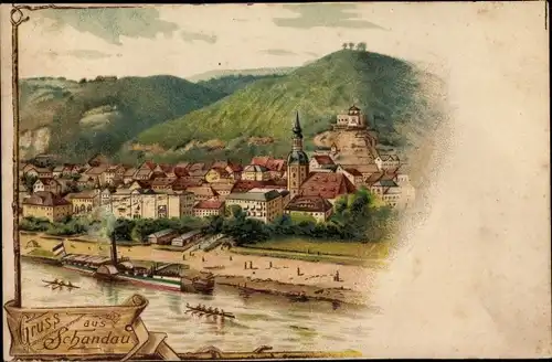 Litho Bad Schandau Sächsische Schweiz, Blick auf den Ort