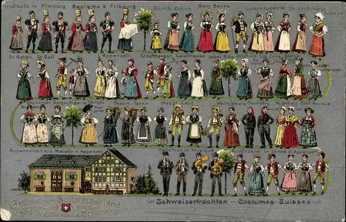 Litho Schweiz, Schweizertrachten, Costumes Suisses