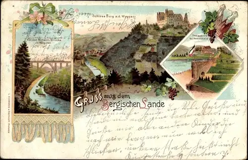 Künstler Ak Burg an der Wupper Solingen, Schloss Burg, Müngstener Brücke, Talsperre Remscheid