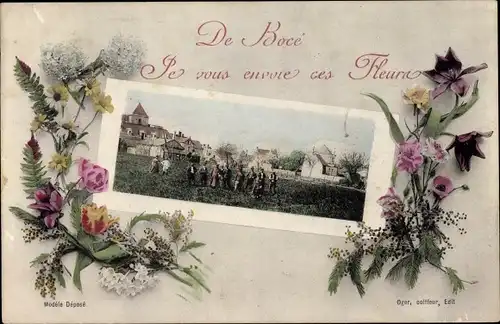 Passepartout Ak Bocé Maine-et-Loire, Ortsansicht, Blumen