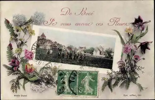 Passepartout Ak Bocé Maine-et-Loire, Ortsansicht, Blumen