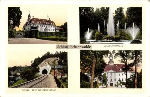 Ak Lichtenwalde Niederwiesa im Kreis Mittelsachsen, Schloss, Bahnstrecke, Bahntunnel, Springbrunnen