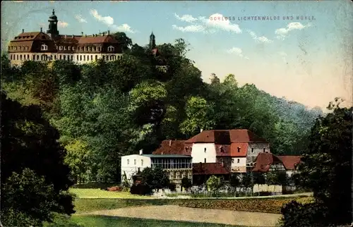 Ak Lichtenwalde Niederwiesa im Kreis Mittelsachsen, Blick auf Schloss und Mühle, Häuser