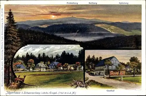 Künstler Ak Jägerhaus Schwarzenberg, Blick auf Gasthof, Häuser, Fichtelberg, Keilberg, Spitzberg