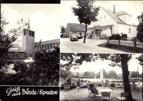 Ak Spradow Bünde in Westfalen, Kirche, Edeka, Terrassenpartie