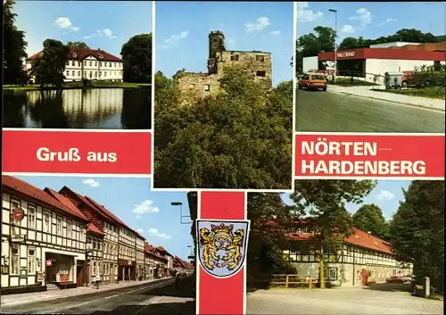 Wappen Ak Nörten Hardenberg in Niedersachsen, Schloss, Ruine, Hallenbad, Gasthof