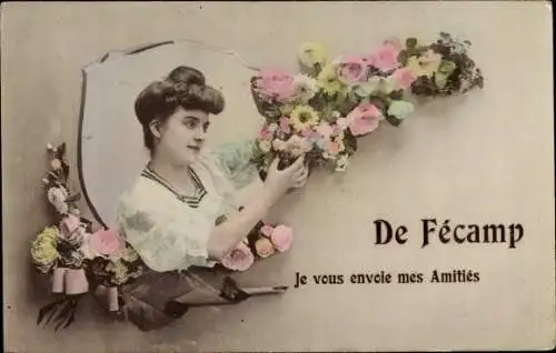 Ak Fécamp Seine Maritime, Junge Frau mit Blumenstrauß