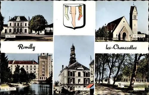 Ak Romilly les Chaussettes Aube, Chapelle, Hotel de Ville, Moulin, la Gare