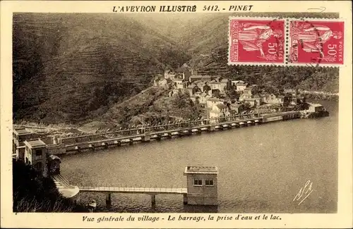 Ak Pinet Aveyron, Vue générale du village, la barrage, la prise d'eau et le lac