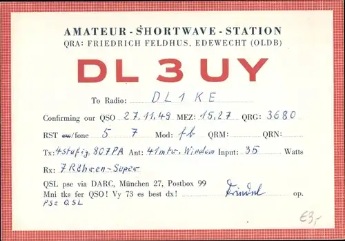 Ak QSL Karte, Funkerkarte DL3UY, Friedrich Feldhus, Edewecht in Oldenburg