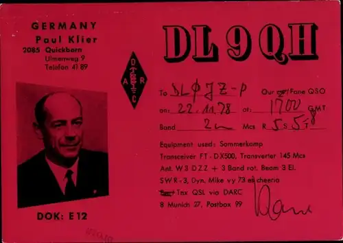 Ak QSL Karte, Funkerkarte DL9QH, Paul Klier, Quickborn