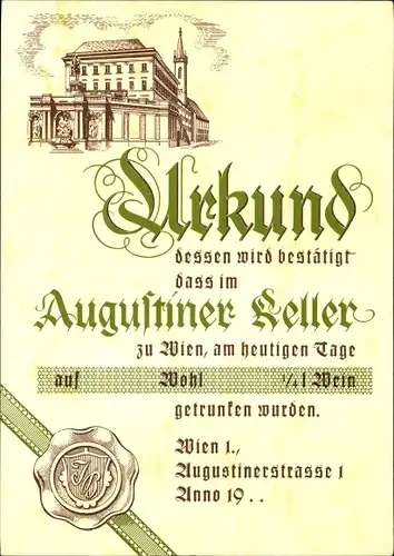 Ak Wien 1 Innere Altstadt, Urkunde, Augustiner Keller