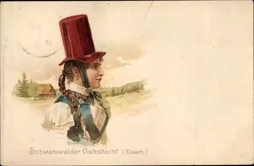 Litho Elzach in Baden Württemberg, Frau mit Schwarzwälder Volkstracht