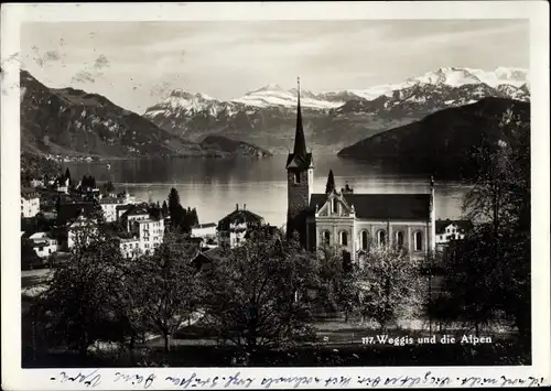 Ak Weggis Kanton Luzern, Blick auf den Ort, Kirche, Alpen