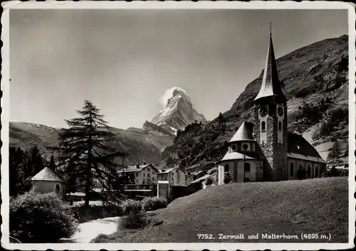 Ak Zermatt Kanton Wallis, Matterhorn, Blick auf den Ort, Kirche