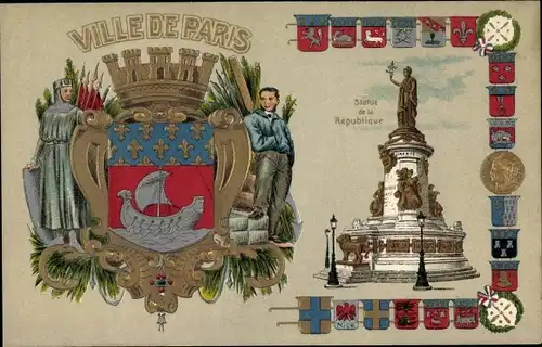 Präge Wappen Litho Paris, Stadtwappen, Statue de la Republique