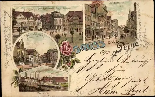 Litho Peine in Niedersachsen, Breitestraße, Marktplatz, Kriegerdenkmal, Bahnhofstraße, Walzwerk