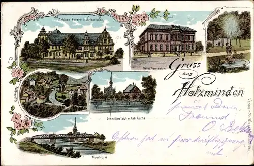 Litho Holzminden an der Weser, Schloss Bevern, neues Gymnasium, katholische Kirche, Weserbrücke