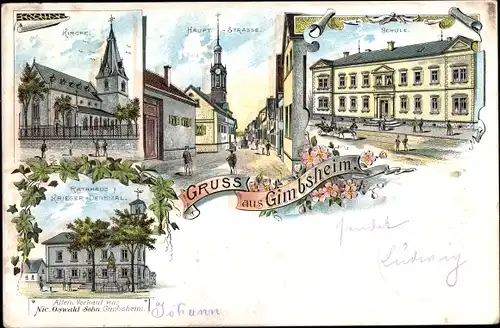 Litho Gimbsheim in Rheinland Pfalz, Hauptstraße, Schule, Kirche, Rathaus, Kriegerdenkmal