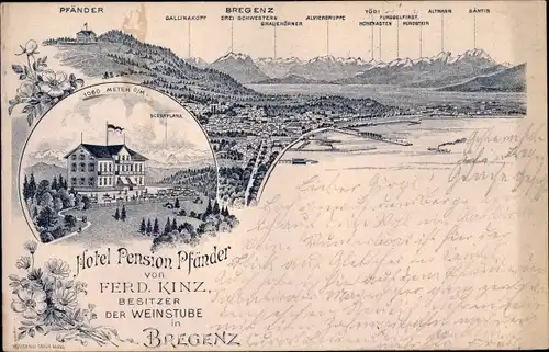 Vorläufer Litho Bregenz am Bodensee Vorarlberg, Hotel Pfänder, Blick auf den Ort, Gebirge, 1895