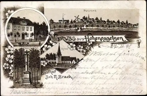 Litho Hoheneggelsen Söhlde in Niedersachsen, Panorama, Gasthof, Kirche, Kriegerdenkmal