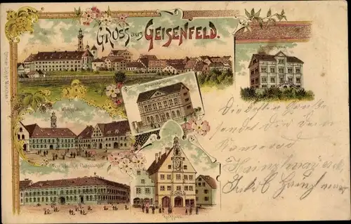 Litho Geisenfeld an der Ilm, Blick auf den Ort, Rathaus, Marktplatz