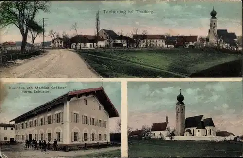 Ak Tacherting in Oberbayern, Blick auf den Ort, Gasthaus, Kirche