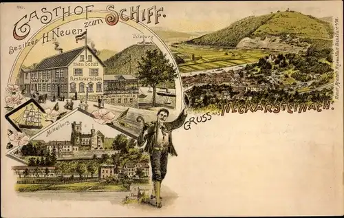 Litho Neckarsteinach in Hessen, Gasthof zum Schiff, Blick auf den Ort, Mittelburg, Dilsburg