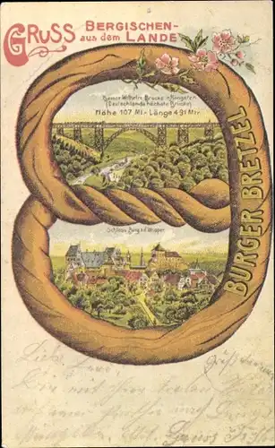 Brezel Litho Burg an der Wupper Solingen, Schloss Burg, Kaiser Wilhelm Brücke, Burger Bretzel