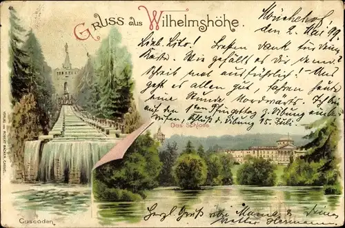 Litho Bad Wilhelmshöhe Kassel in Hessen, Schloss, Kaskaden