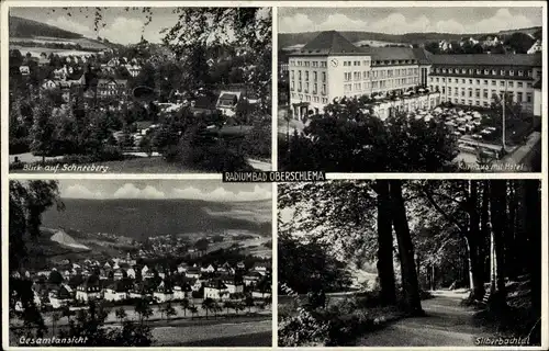 Ak Oberschlema Bad Schlema in Sachsen, Blick auf Schneeberg, Silberbachtal, Kurhaus und Hotel