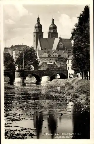 Ak Plauen im Vogtland, Elsterpartie mit Johanniskirche