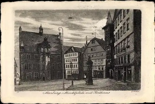 Künstler Ak Marburg an der Lahn, Marktplatz und Rathaus, Nr. 31449