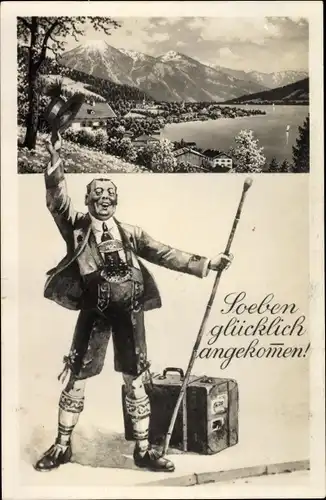 Ak Tegernsee in Oberbayern, Blick auf den Ort, Reisender mit Koffer, Soeben glücklich angekommen