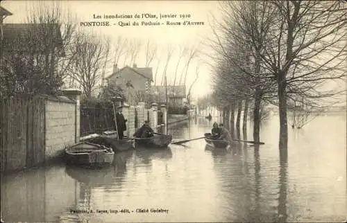 Ak Pontoise Val d'Oise, Les inondations de l'Oise, janvier 1910, Quai du Pothuis, Route d'Auvers