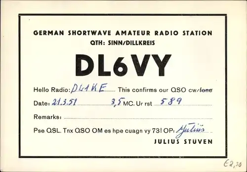 Ak QSL Karte, Funkerkarte DL6VY, Julius Stüven, Sinn im Dillkreis