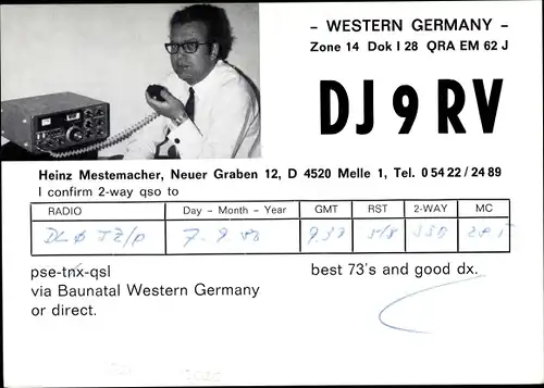 Ak QSL Karte, Funkerkarte DJ9RV, Heinz Mestemacher, Melle, Portrait am Funkgerät