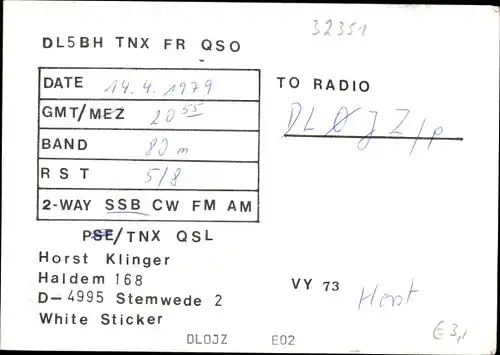 Ak QSL Karte, Funkerkarte DL5BH, Horst Klinger, Stemwede 2