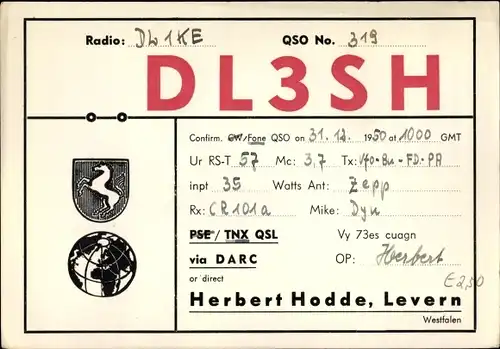 Ak QSL Karte, Funkerkarte DL3SH, Herbert Hodde, Levern Stemwede in Westfalen