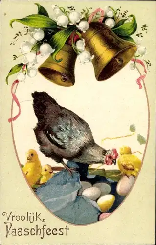 Präge Ak Glückwunsch Ostern, Henne mit Küken, Glocken, Blumen