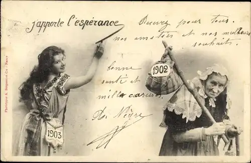 Ak Neujahr 1903, j'apporte l'esperance, Allegorie altes und neues Jahr, alte und junge Frau
