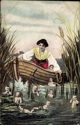 Ak Kleinkinder in einem See, Frau im Boot, Fotomontage