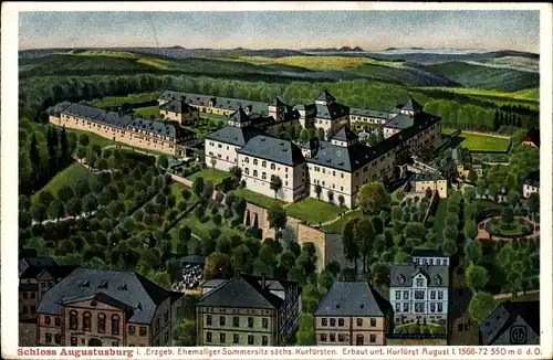 Künstler Ak Augustusburg Erzgebirge, Blick auf den Ort und das Schloss, Vogelschau