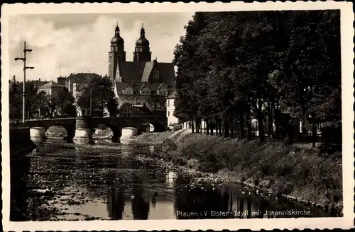 Ak Plauen im Vogtland, Partie an der Elster mit Blick zur Johanniskirche