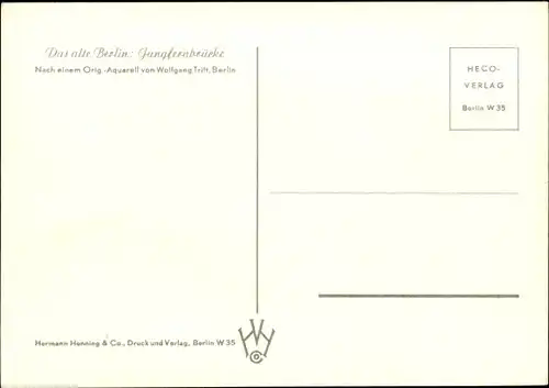 Künstler Ak Tritt, W., Berlin Mitte, Jungfernbrücke, Aquarell, Spree, Kuppel