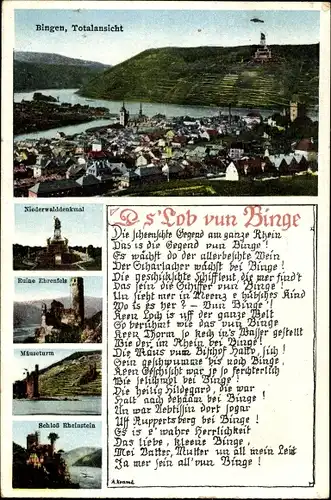 Gedicht Ak Scherer, Bingen am Rhein, Totale, Niederwalddenkmal, Ruine Ehrenfels, Mäuseturm, Schloss